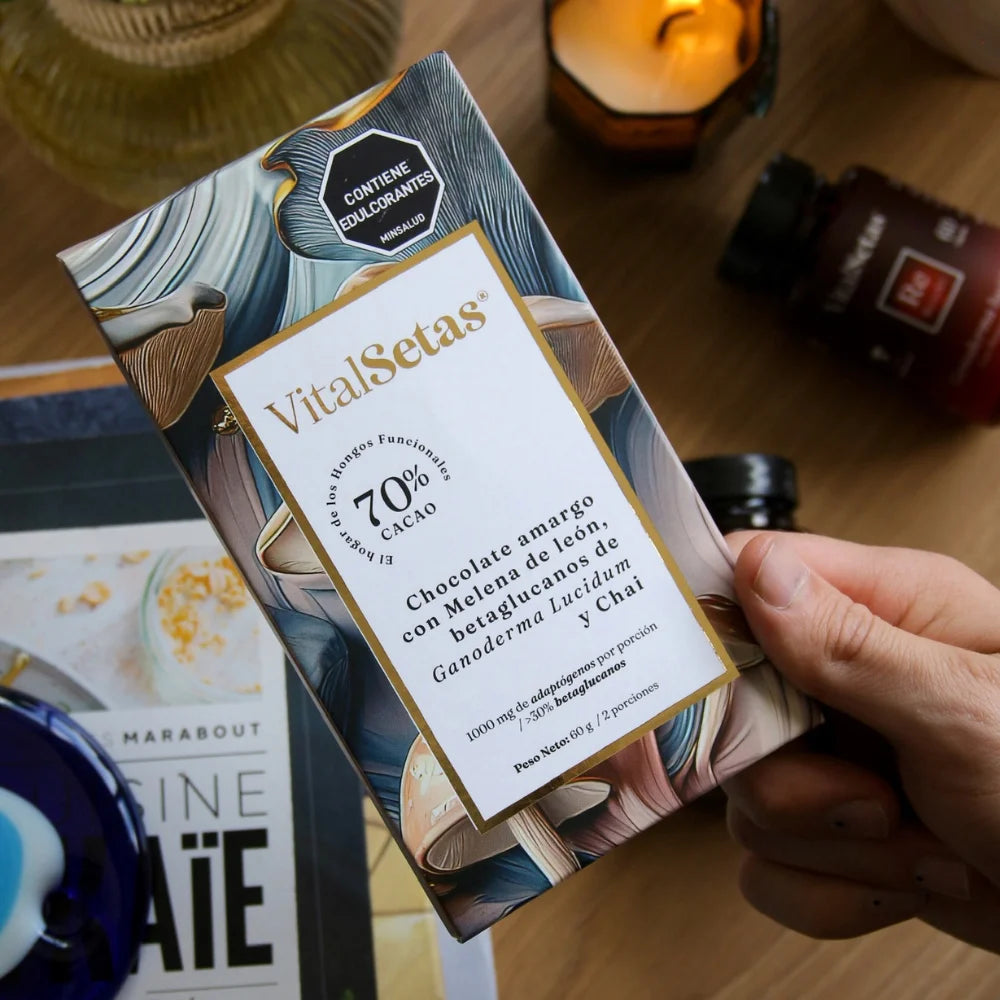 Chocolate Amargo con Melena de León, Betaglucanos de Ganoderma Lucidum y Chai - VitalSetas