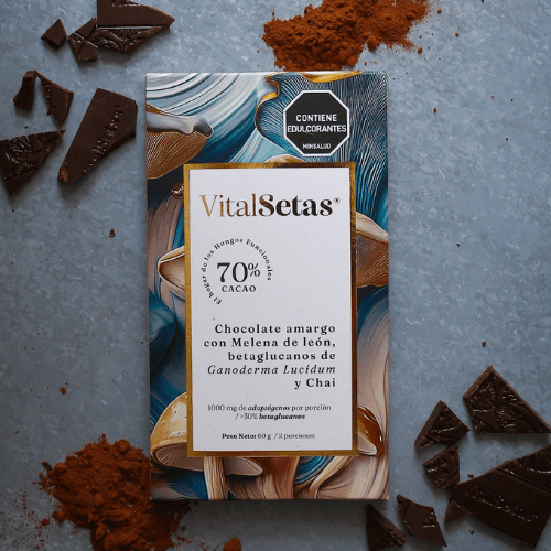 Chocolate Amargo con Melena de León, Betaglucanos de Ganoderma Lucidum y Chai - VitalSetas